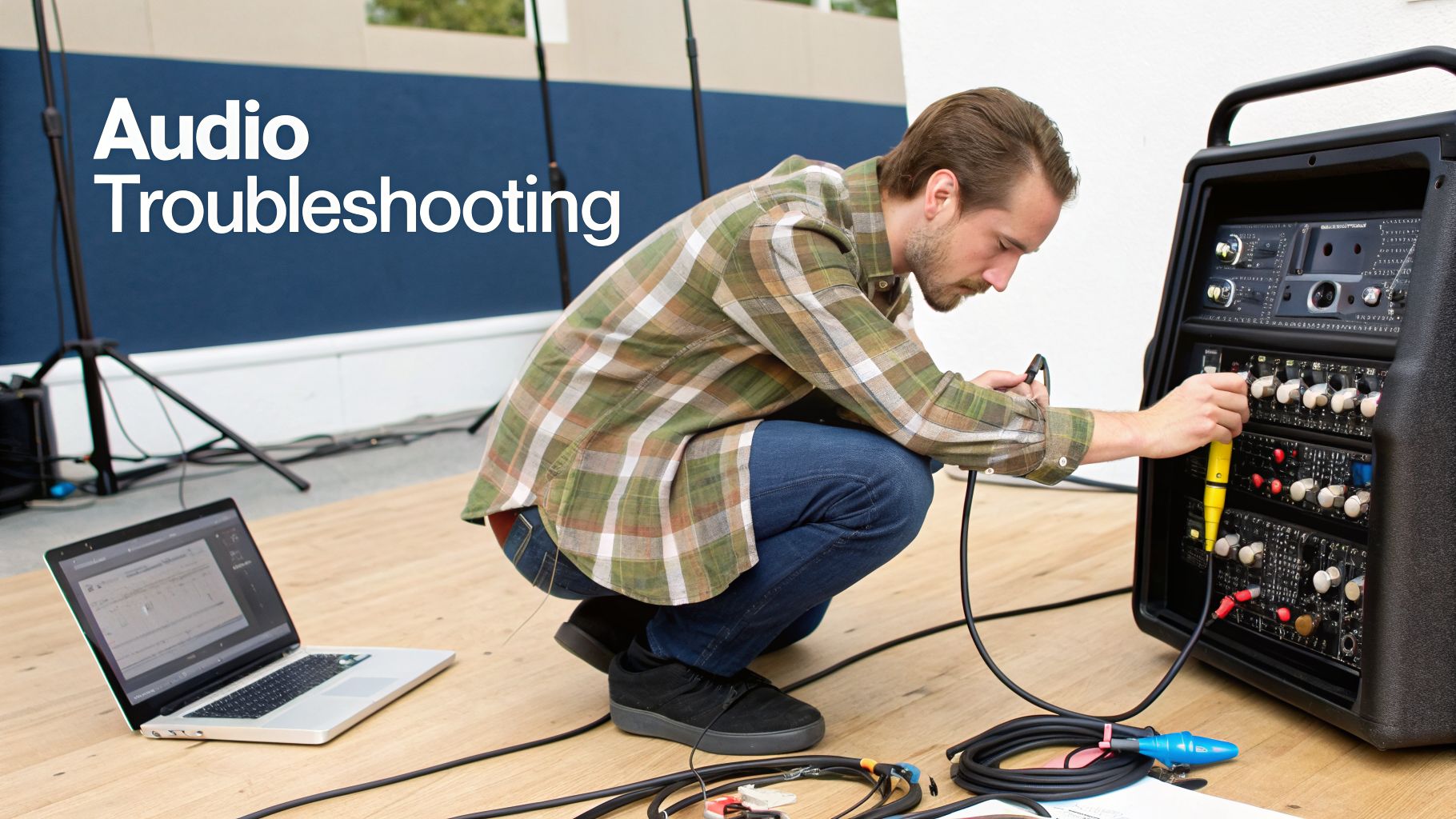 A man in a plaid shirt connecting cables to an audio mixer, troubleshooting sound equipment.