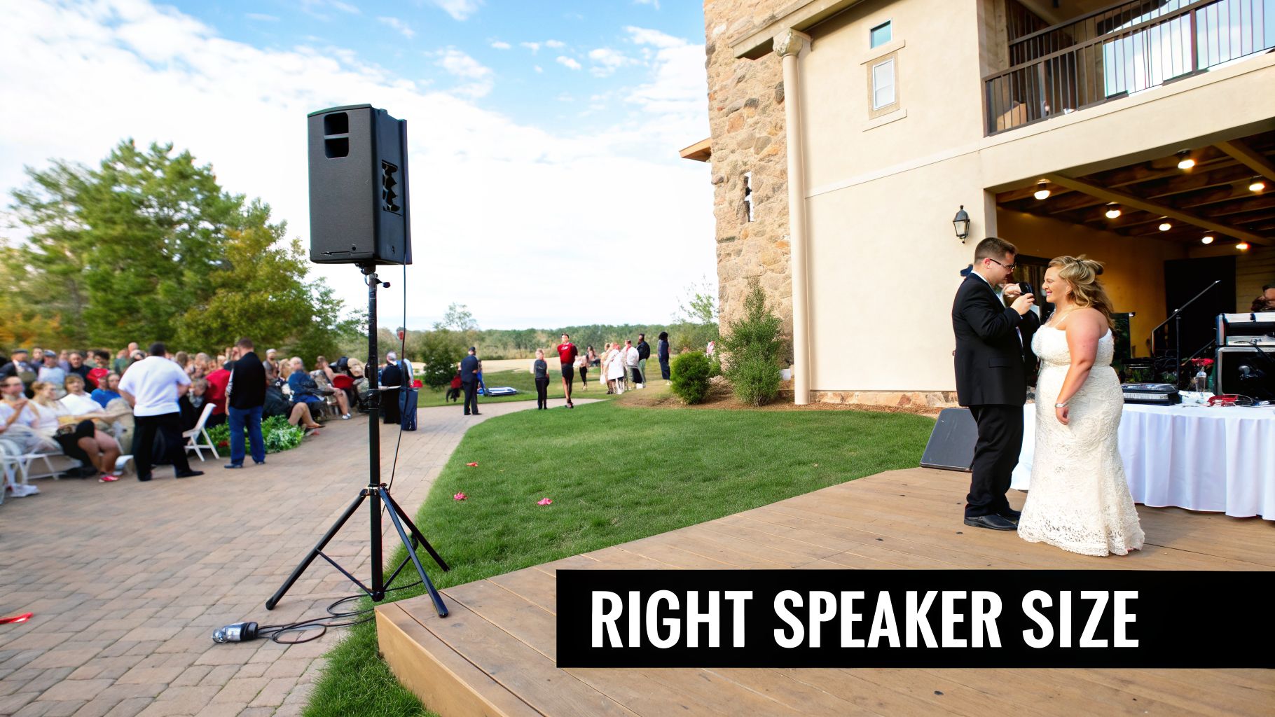 A black speaker on a stand at an outdoor wedding ceremony with a couple speaking on a stage.