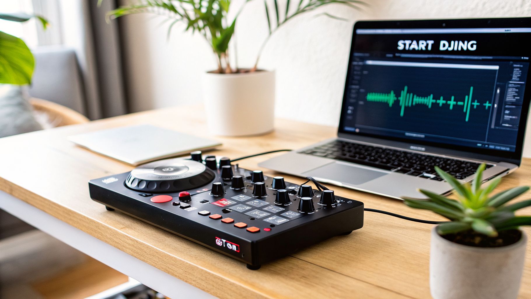 A black DJ controller and a silver laptop displaying 'START DJING' on a wooden desk.
