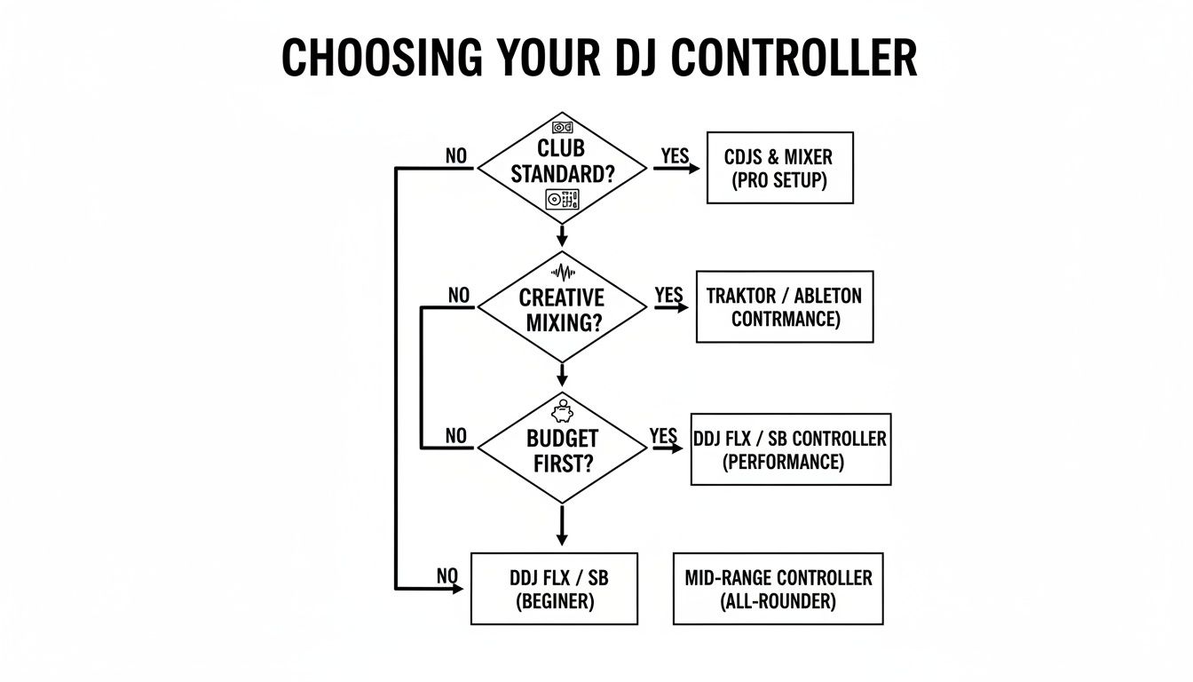 Flowchart guiding users on choosing a DJ controller based on club standard, creative mixing, and budget.