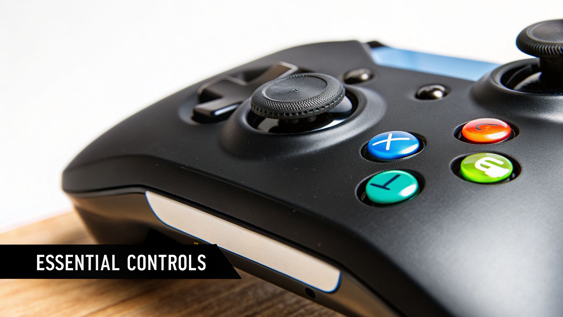 Close-up of a black video game controller with an analog stick and colorful action buttons.