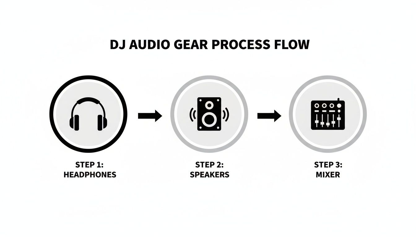 A black and white flowchart illustrates the DJ audio gear process: Headphones, Speakers, and Mixer.