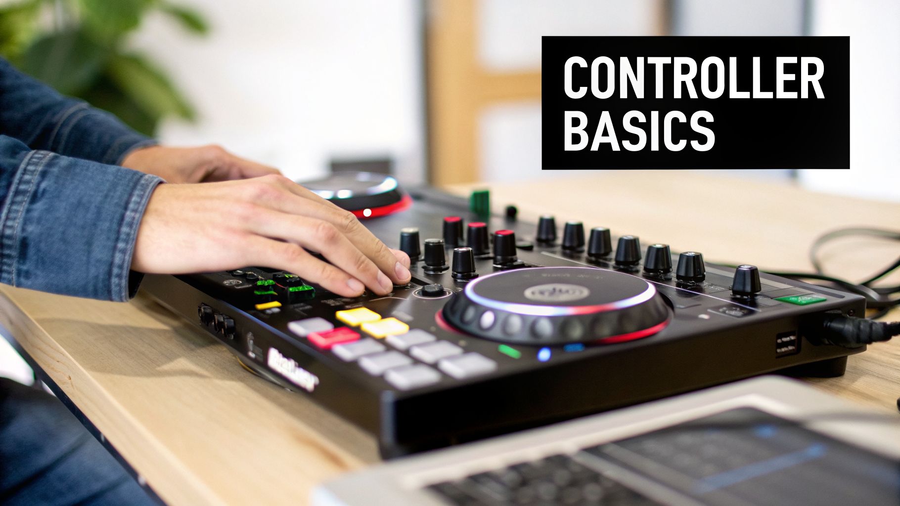 A person's hands operate a black DJ controller with illuminated jog wheels and a laptop nearby.