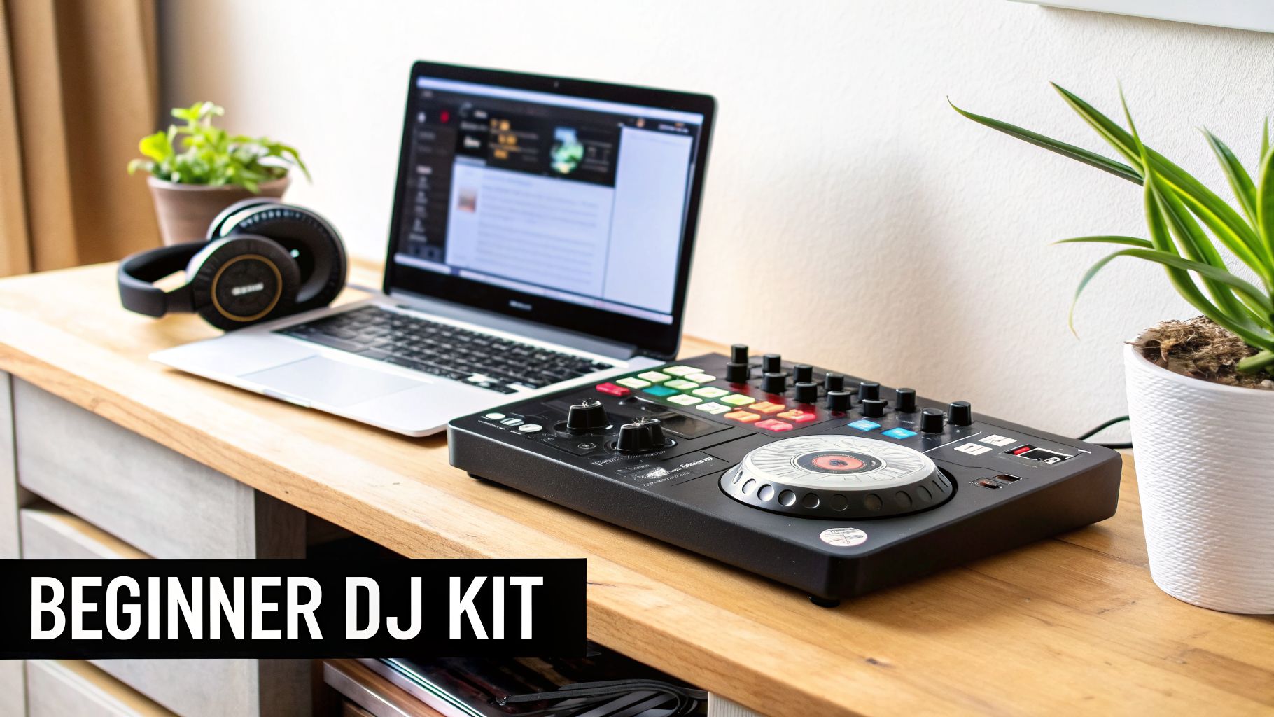 A beginner DJ kit featuring a laptop, headphones, and a DJ controller on a wooden desk.