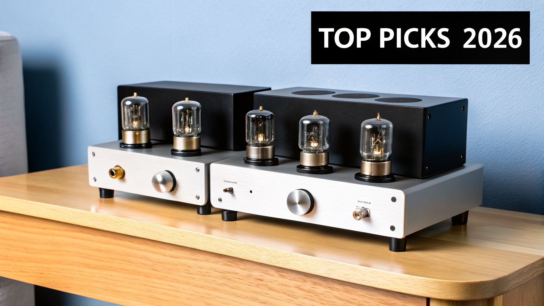 Two glowing vacuum tube audio components, possibly preamplifiers, displayed on a wooden table with 'TOP PICKS 2026' text.