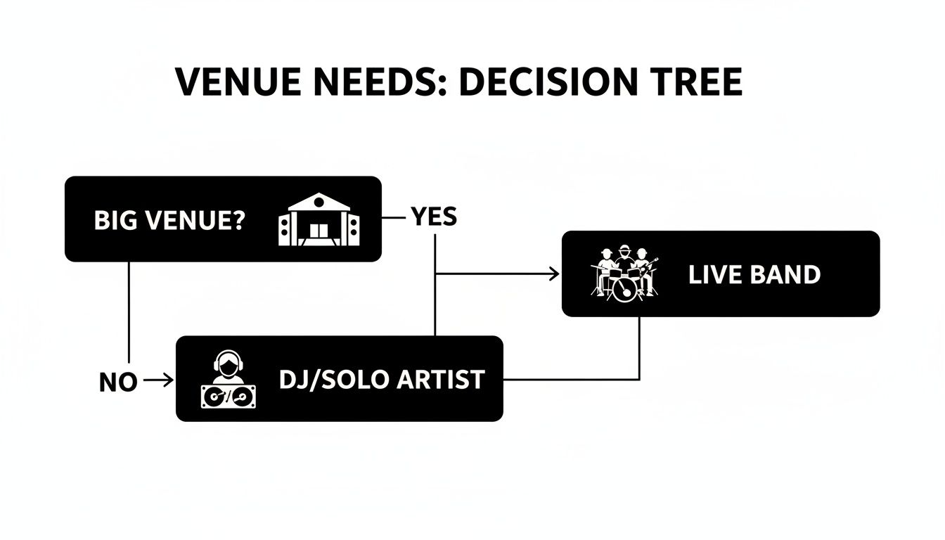A decision tree flowchart for venue entertainment, determining live band or DJ based on venue size.