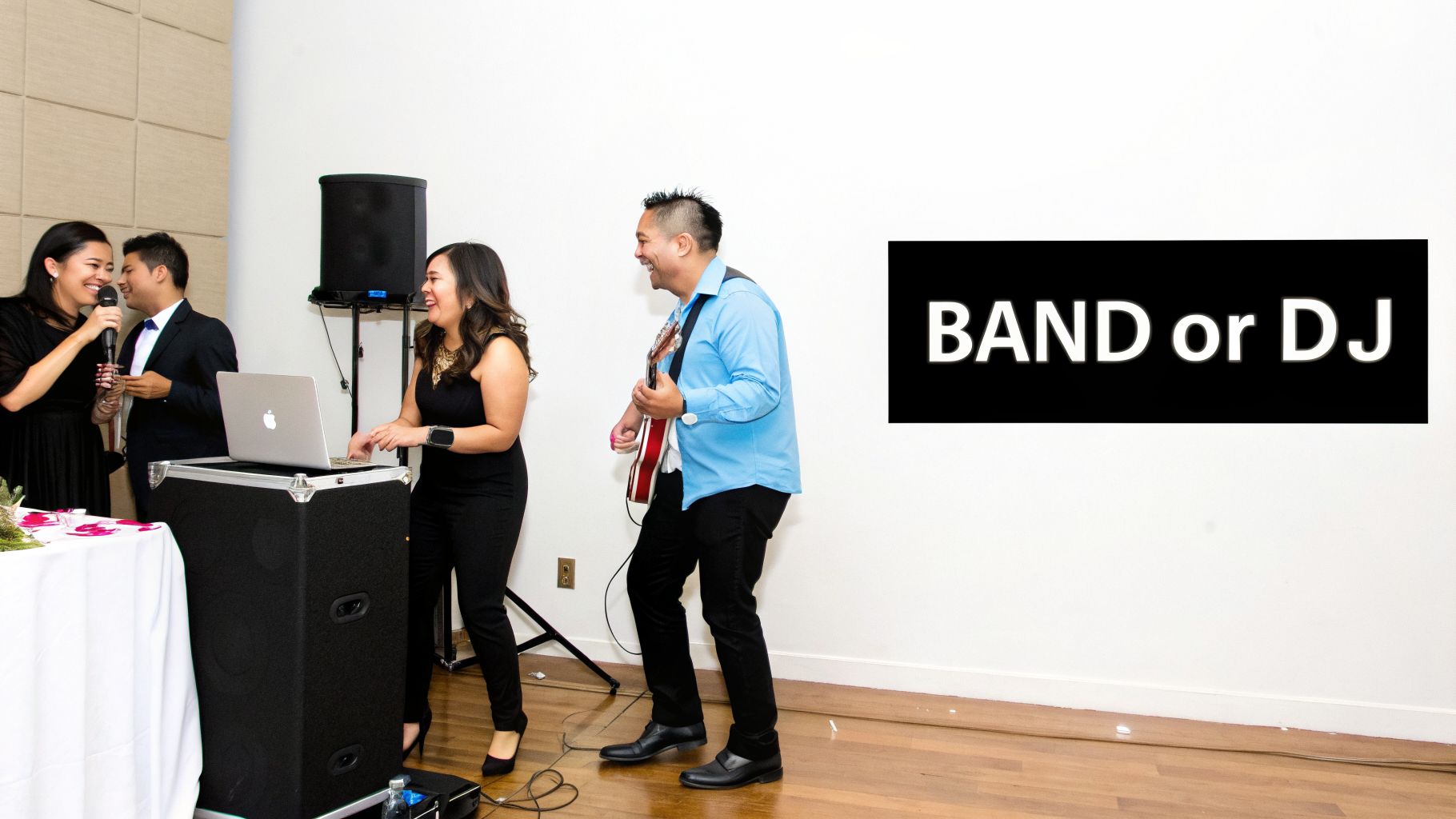 Smiling people at an event with a DJ setup and a guitarist, discussing 'BAND or DJ'.
