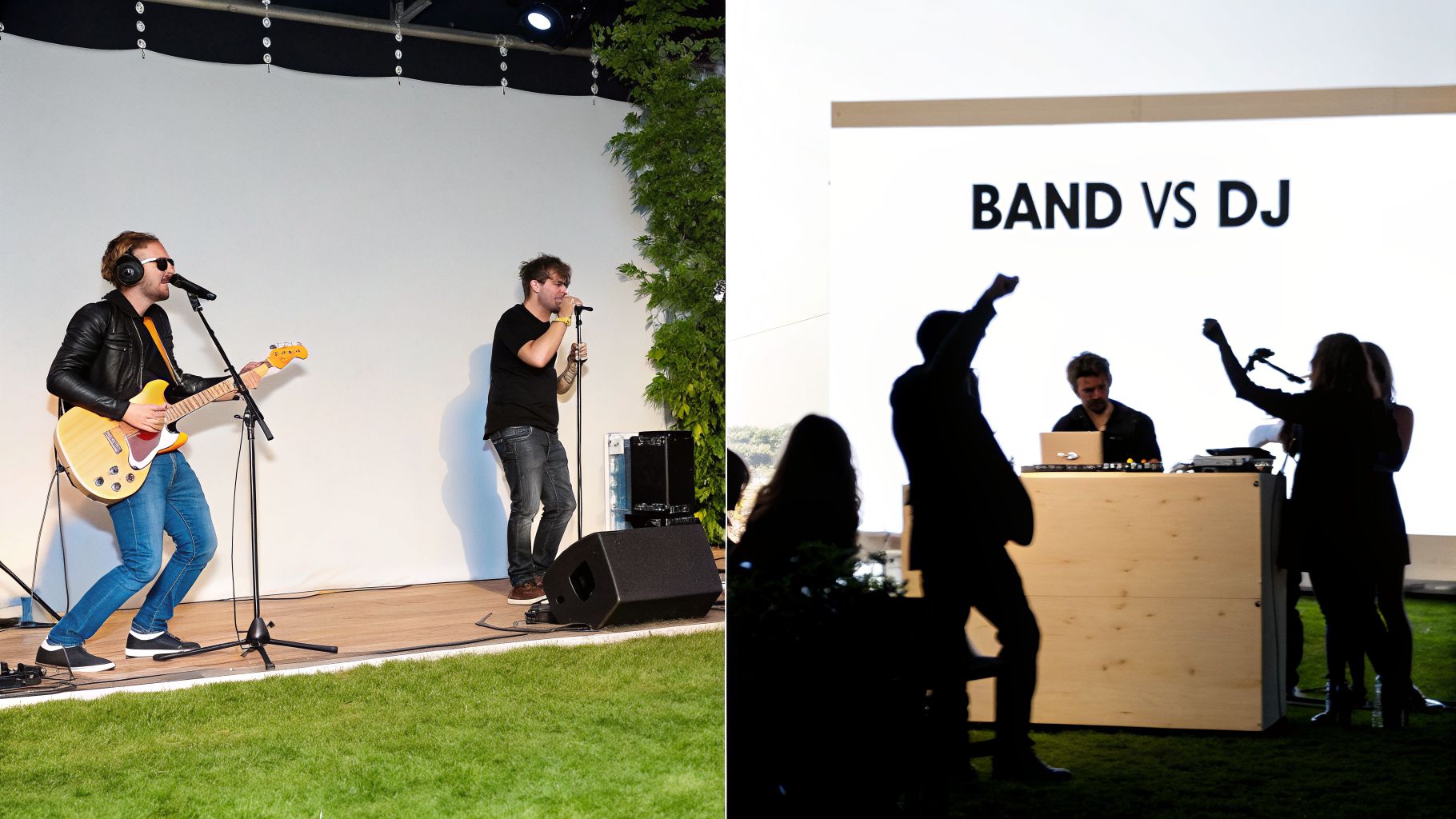 A split image showing a live band performing and a DJ playing for a crowd under a 'BAND VS DJ' sign.