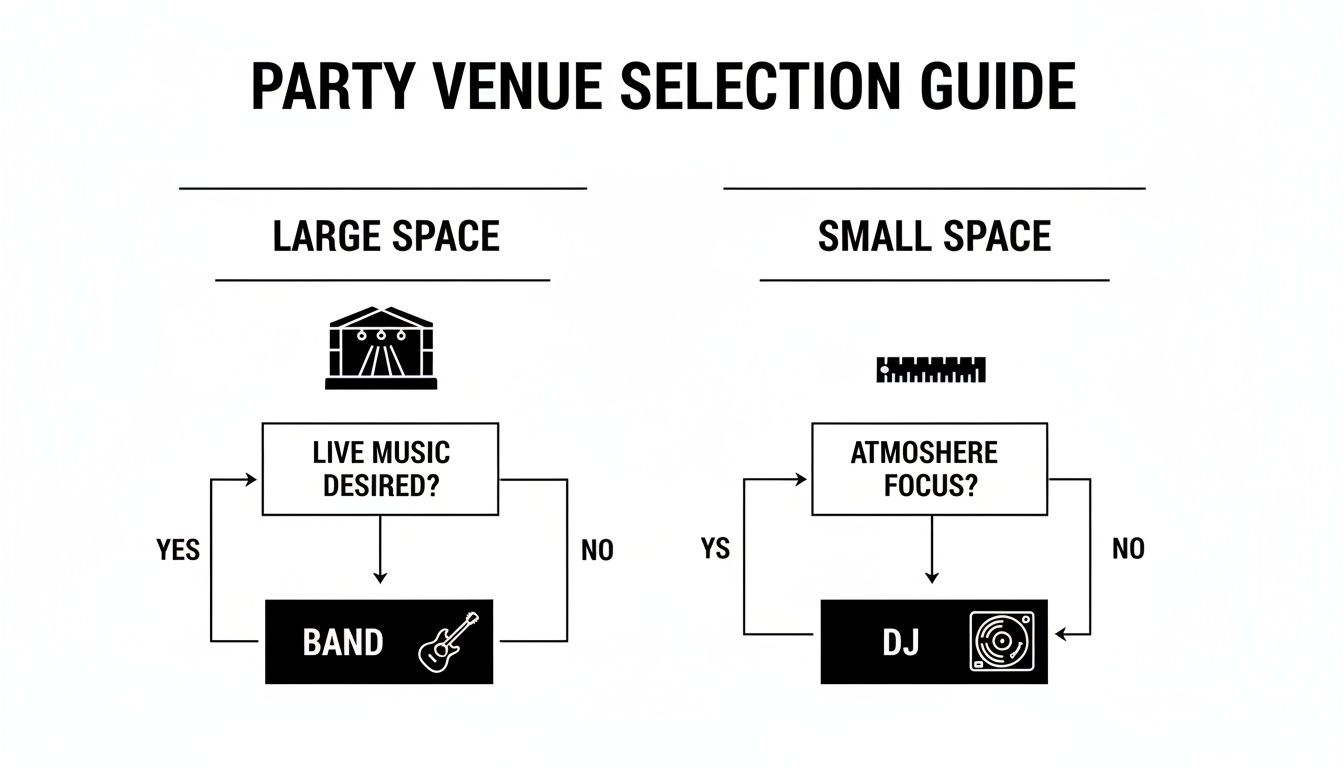 Flowchart guiding party venue music selection, recommending bands for large spaces and DJs for small spaces.