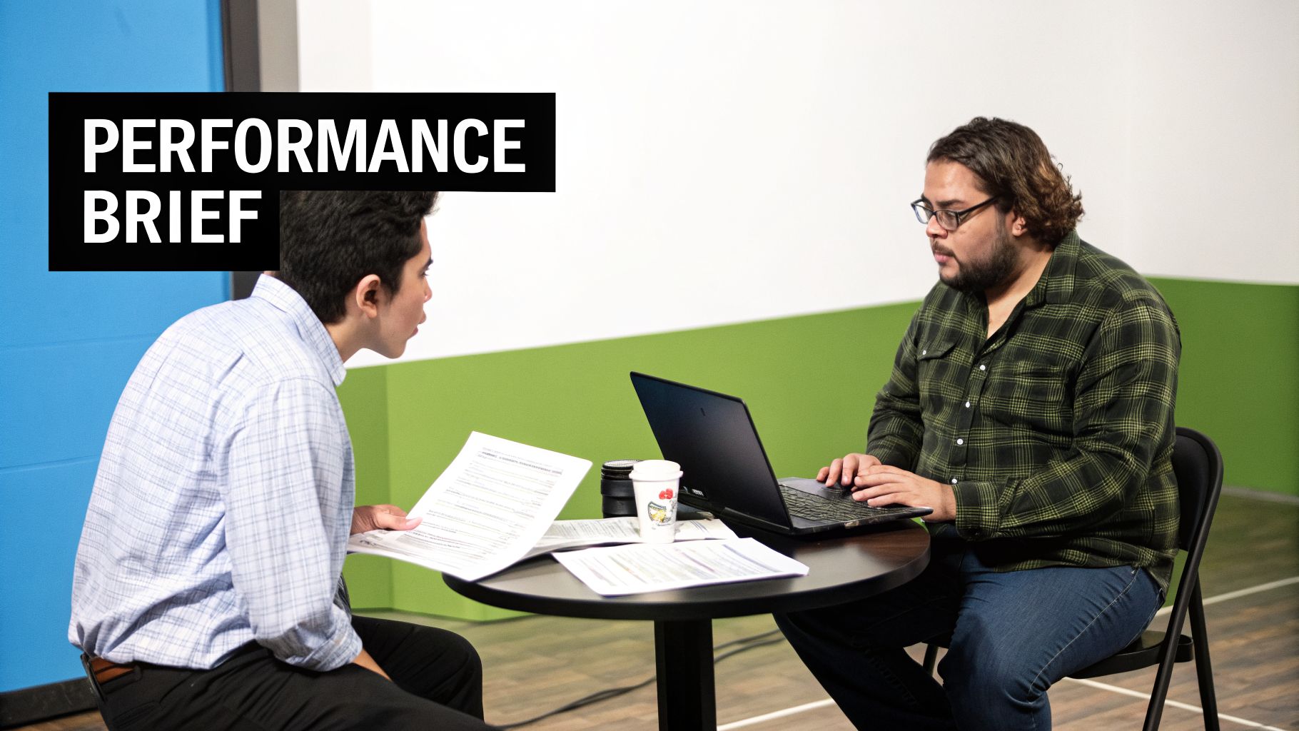 Two colleagues discussing a performance brief, one with papers, another using a laptop.