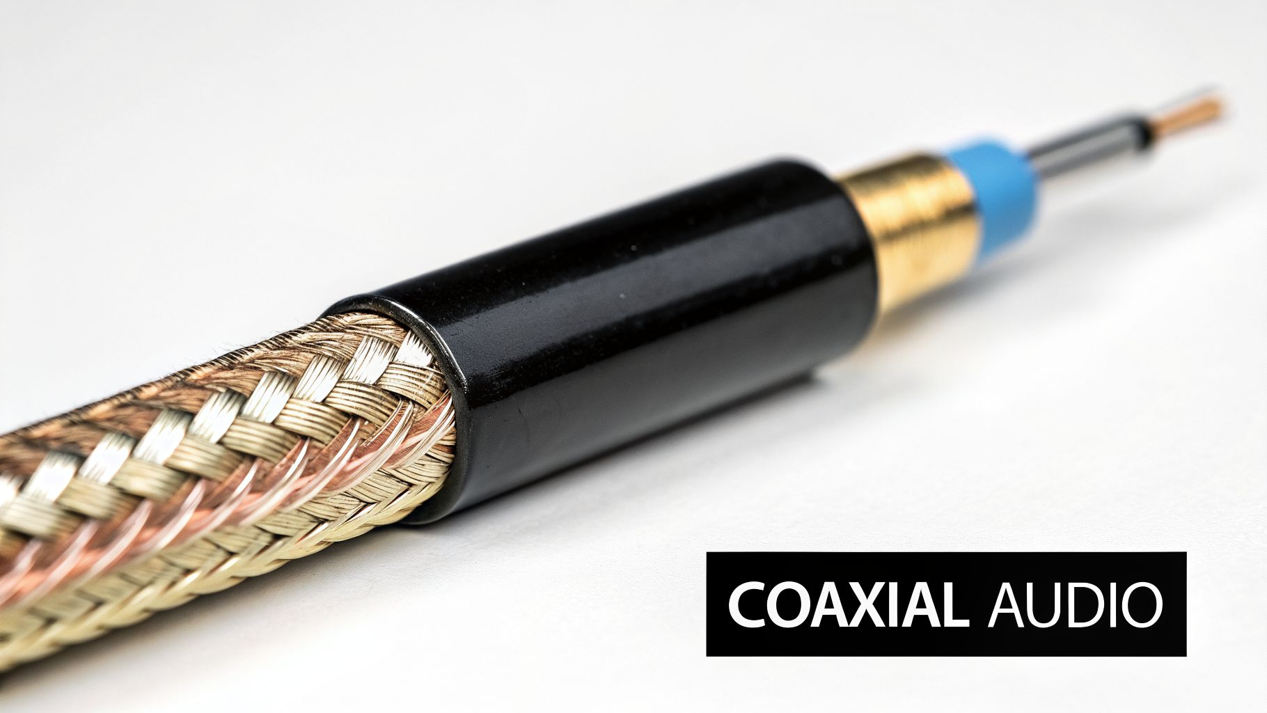 Close-up of a coaxial audio cable revealing its braided shielding and internal layers.