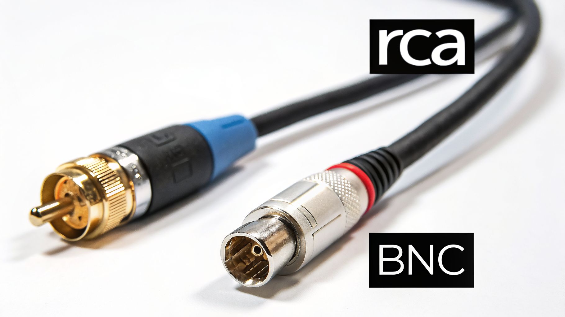 Close-up of two distinct audio connectors: a gold RCA plug and a silver BNC connector, on a white background.