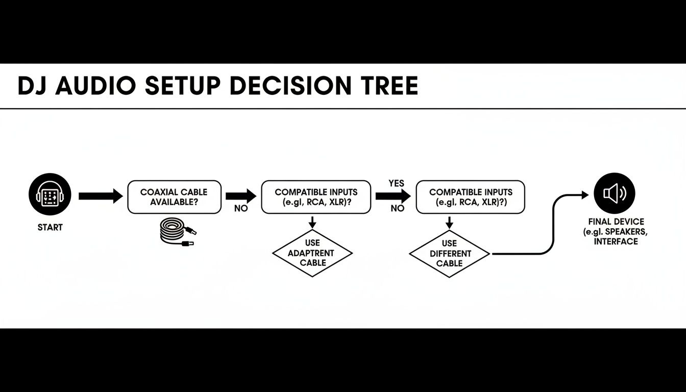 Flowchart detailing the DJ audio setup decision tree for connecting devices with different cables and inputs.