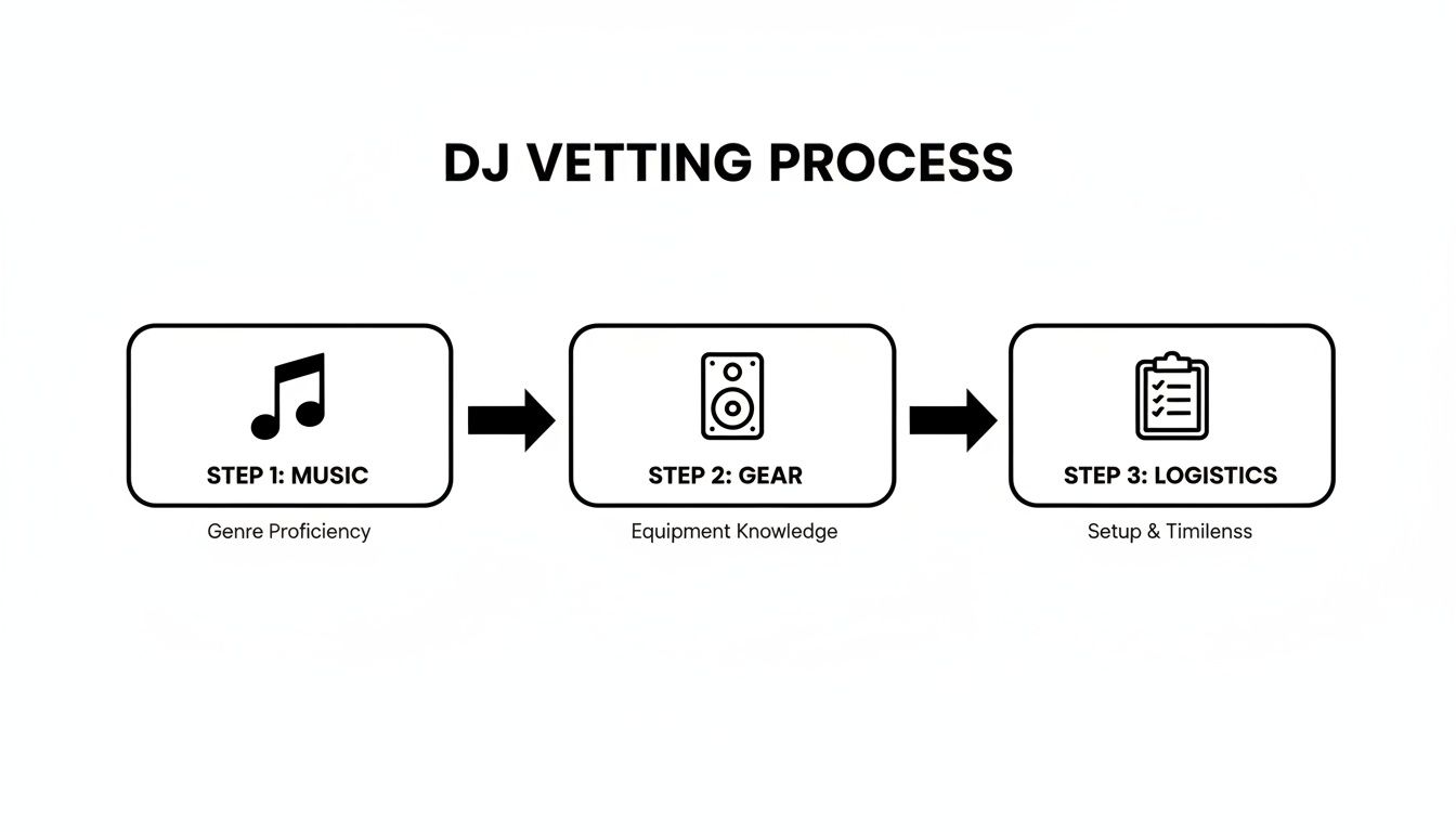 Flowchart detailing the three-step DJ vetting process: Music, Gear, and Logistics.