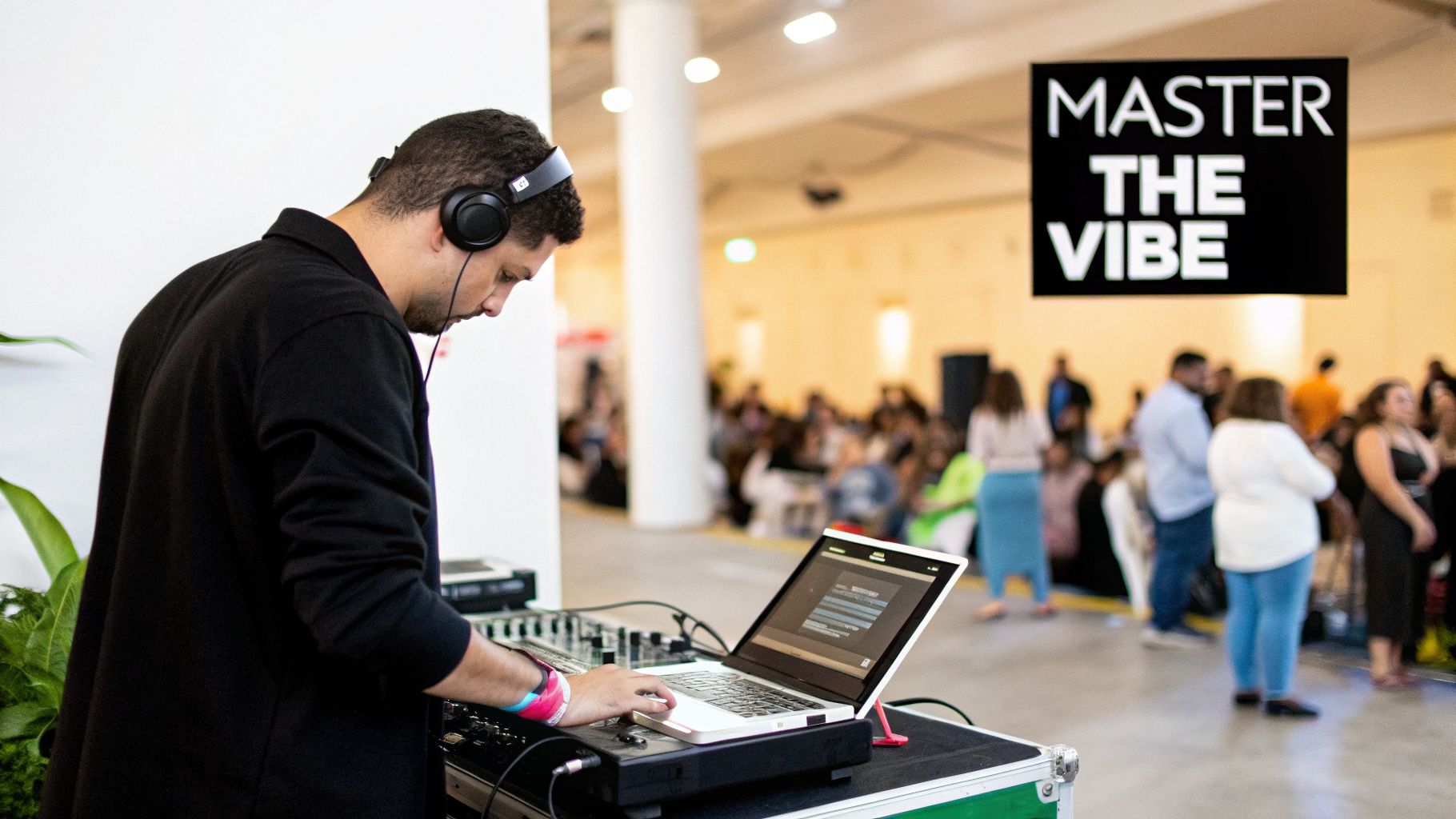 A DJ with headphones intently mixes music on a laptop and mixing board at an event.