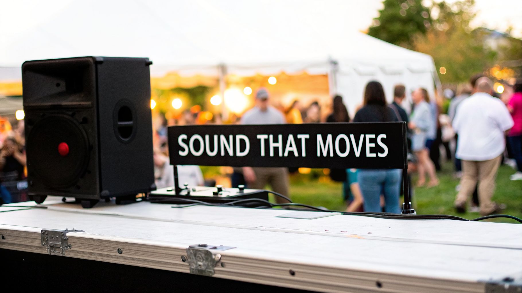 Outdoor event setup with a black speaker and a sign reading 'SOUND THAT MOVES' in the foreground.