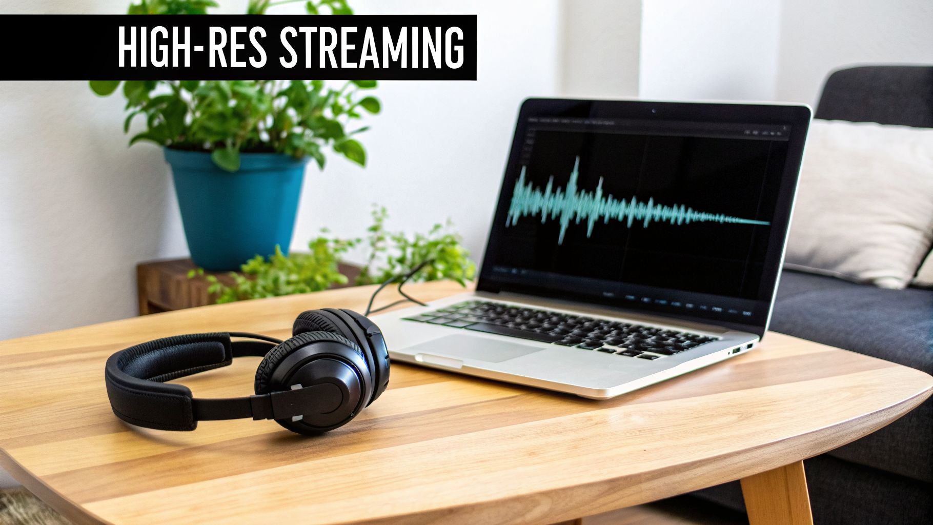 Black headphones and a laptop displaying an audio waveform on a wooden table with a plant.