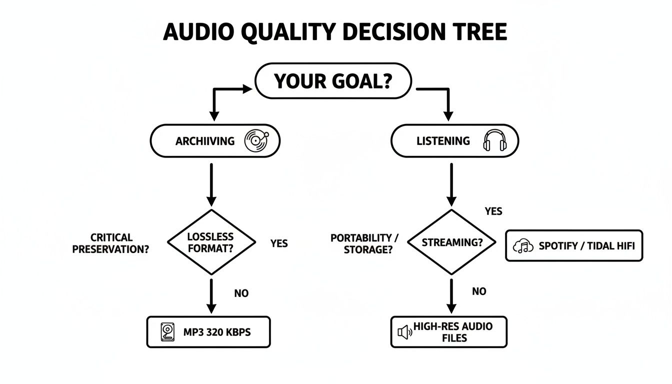 Flowchart outlining audio quality decisions based on archiving or listening goals for music.