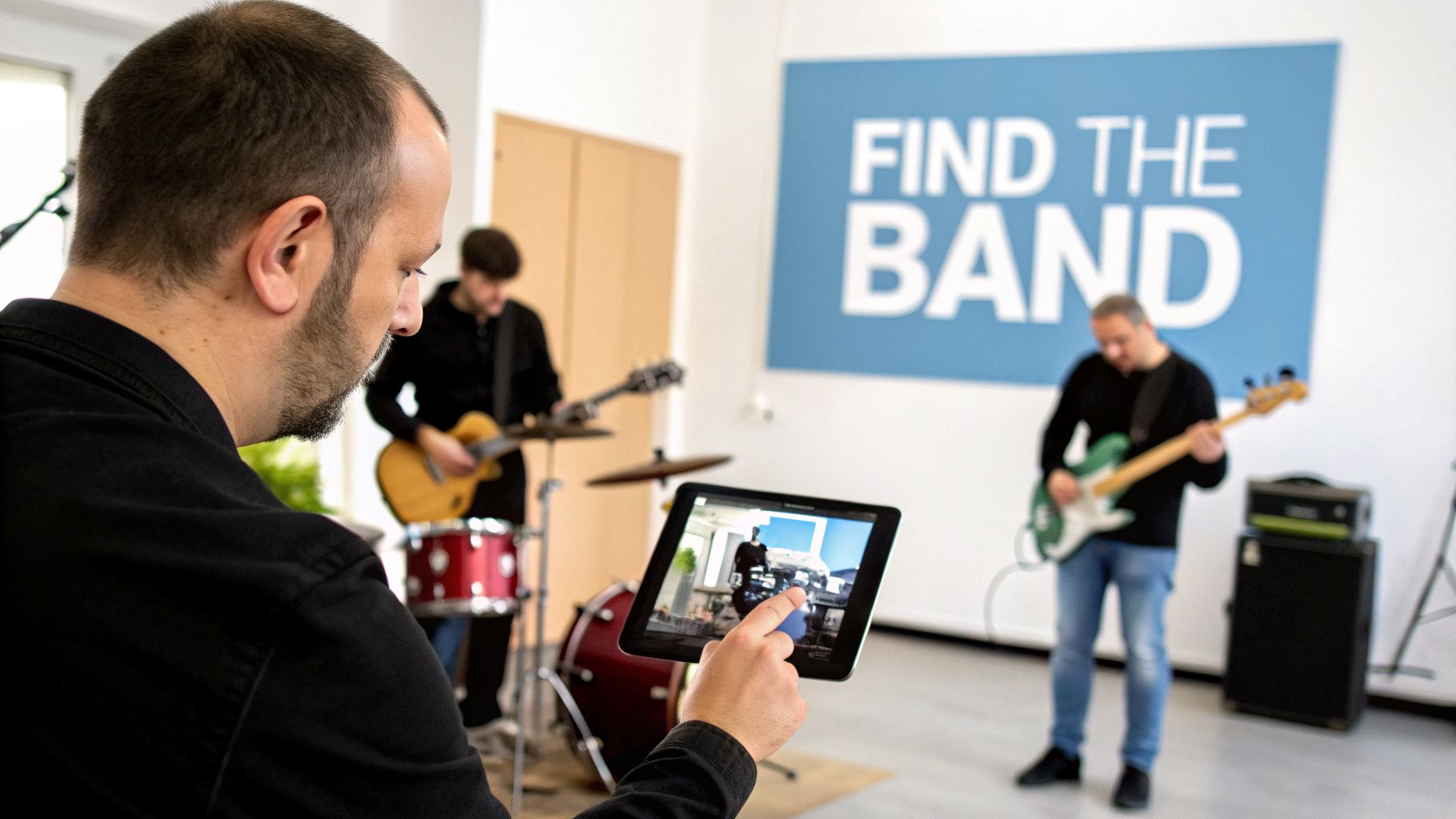 Man viewing a band rehearsal on a tablet while two musicians play guitar and bass.
