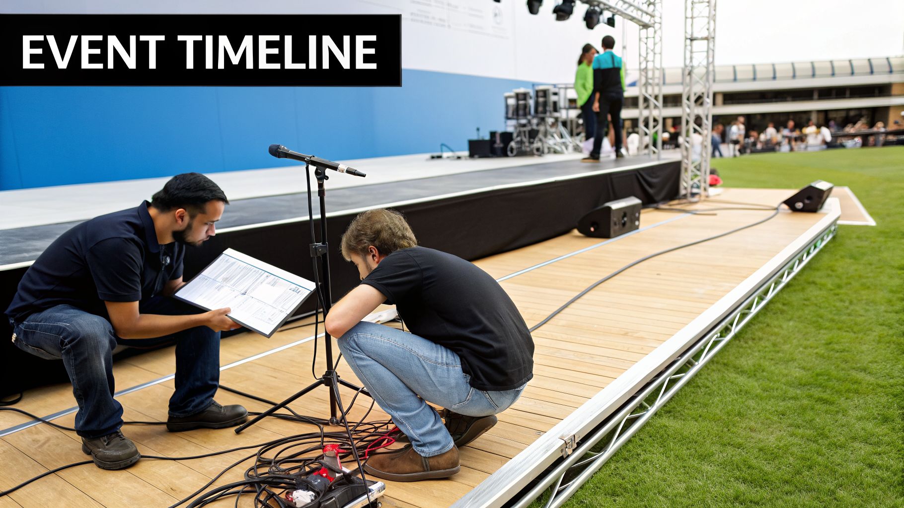 Two men review a timeline and set up cables on an outdoor event stage.