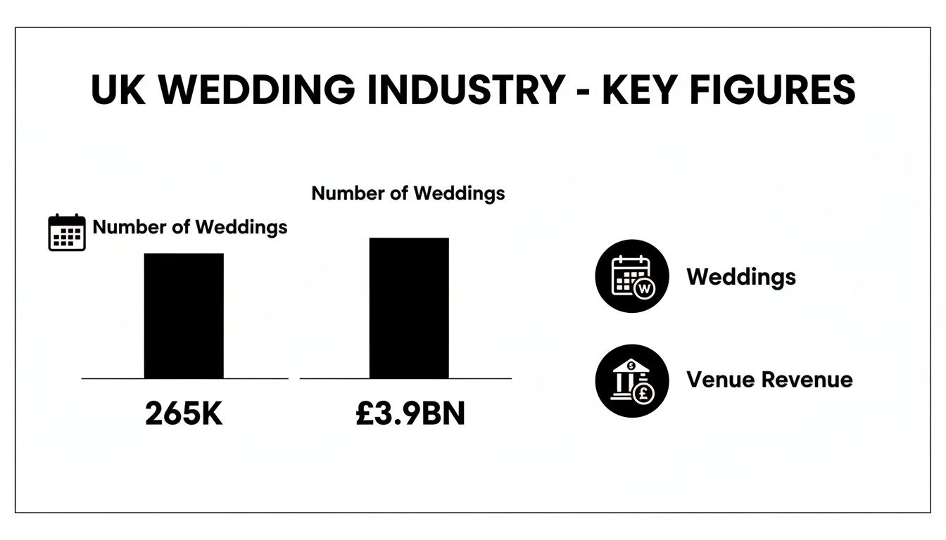 Infographic showing UK wedding industry key figures: 265K weddings and £3.9 billion venue revenue.