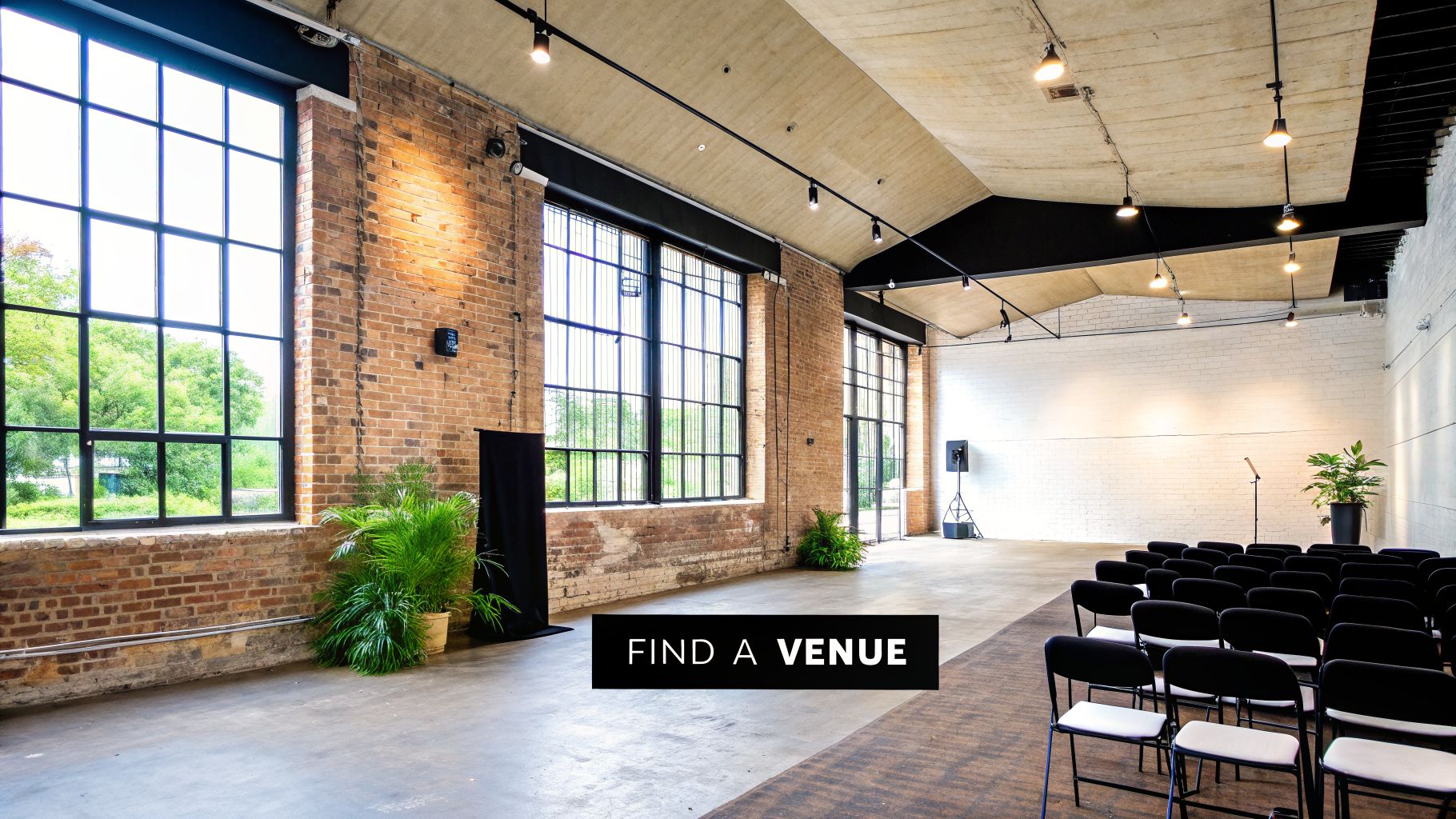 Spacious industrial-style event venue with exposed brick walls, large windows, and chairs set for a gathering.