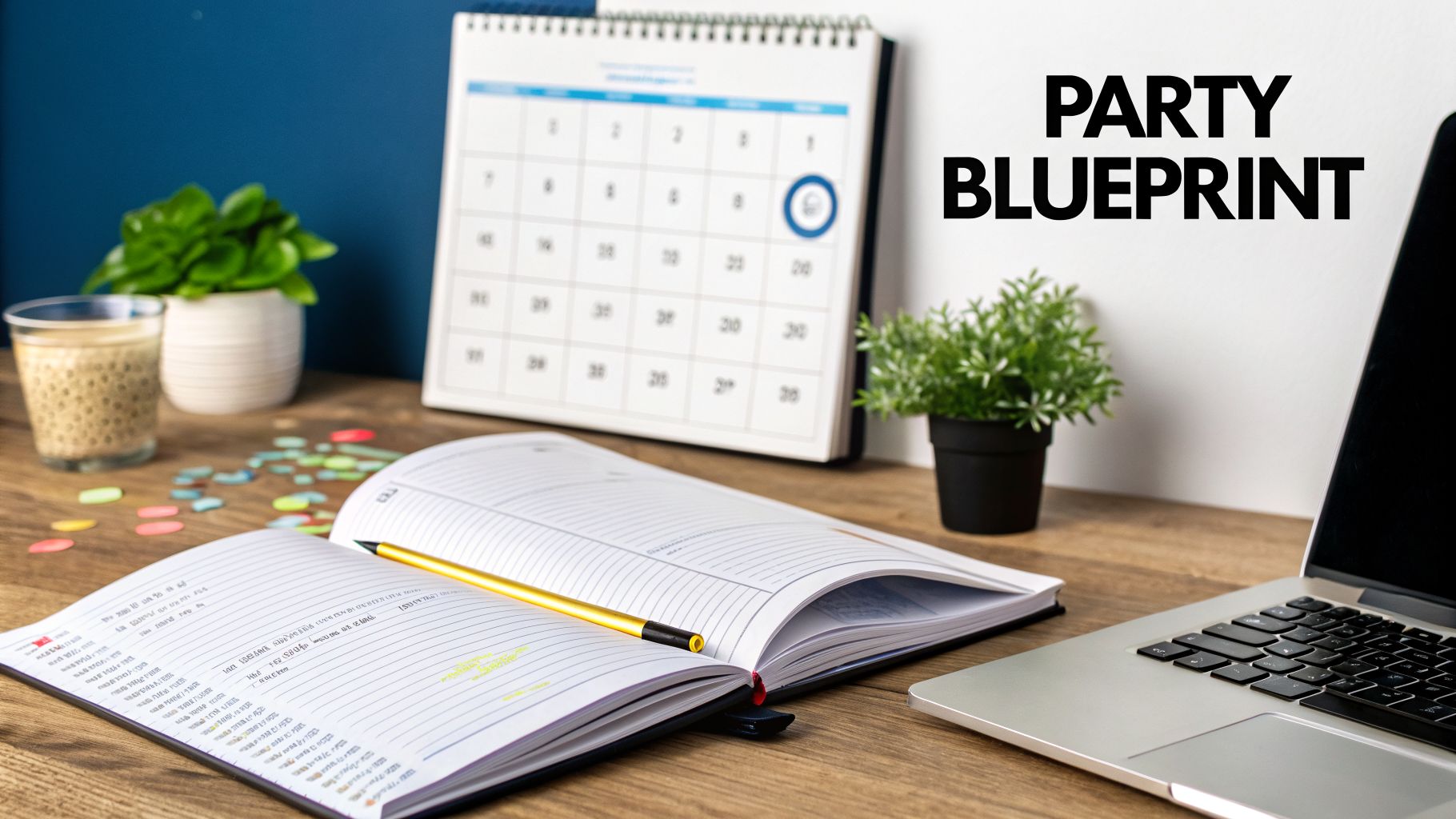 A desk with a calendar, open planner, laptop, plants, and 'PARTY BLUEPRINT' text, suggesting event planning.