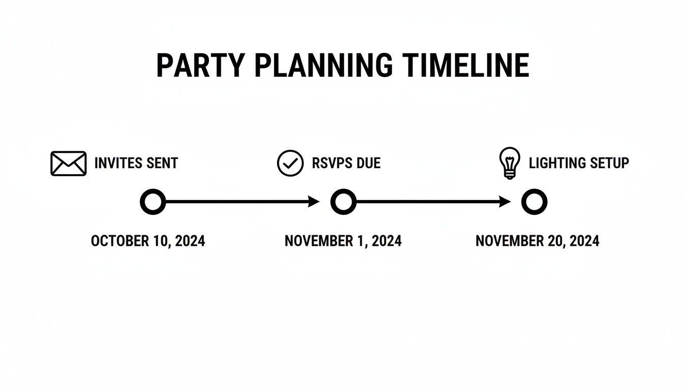 A party planning timeline displaying key dates for sending invites, RSVPs due, and lighting setup.