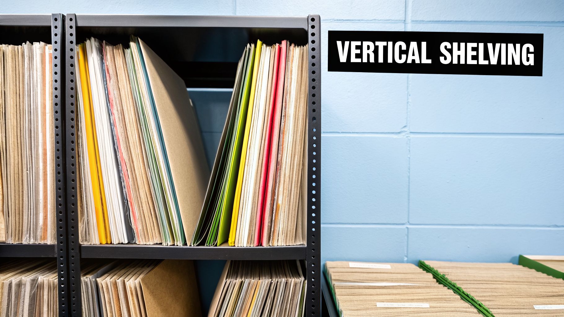 A black metal shelf unit filled with many vertically stored vinyl records or files against a blue wall.