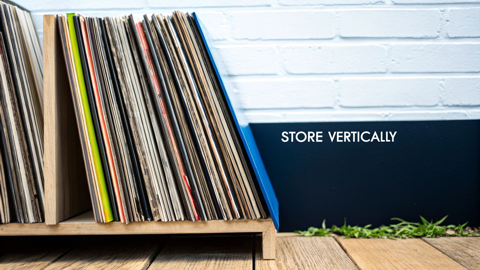 Close-up of numerous vinyl records stored vertically in a stylish wooden rack with a brick wall background.