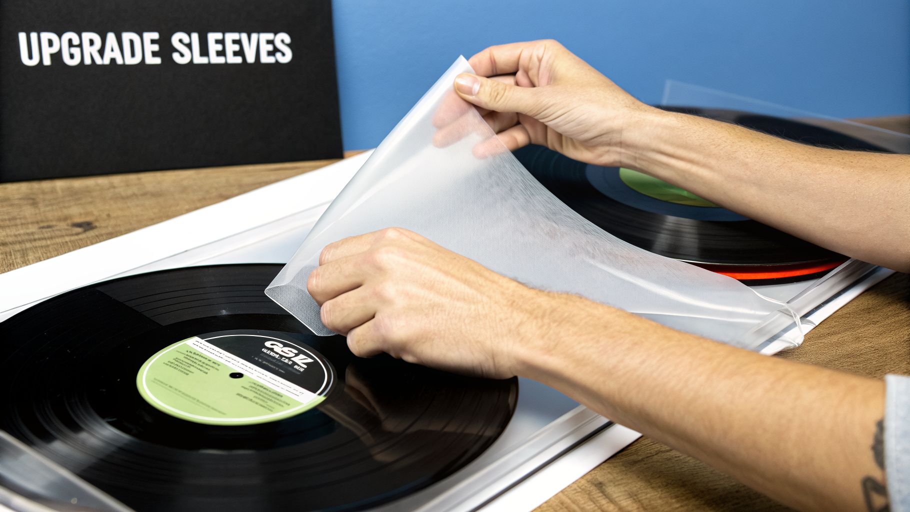 Hands carefully place a black vinyl record into a transparent protective sleeve.