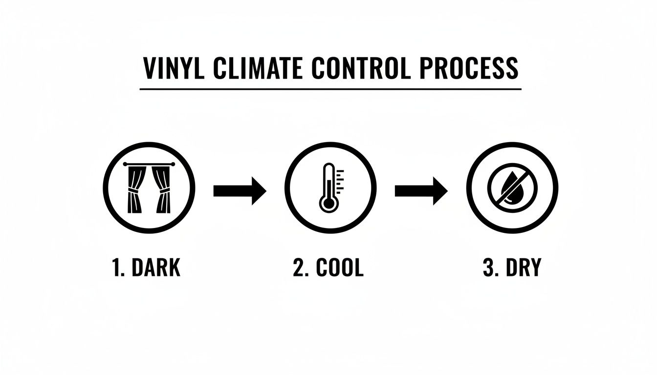 Infographic illustrating the Vinyl Climate Control Process: Keep dark, cool, and dry for optimal storage.