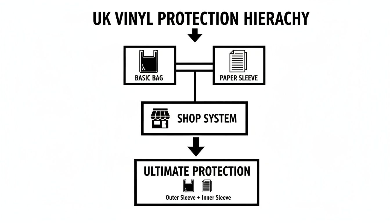 A flowchart illustrating the UK vinyl protection hierarchy, detailing stages from basic bags to ultimate protection.