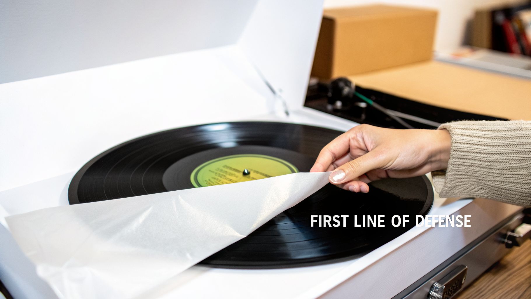A hand carefully places a white inner sleeve onto a black vinyl record on a white turntable.