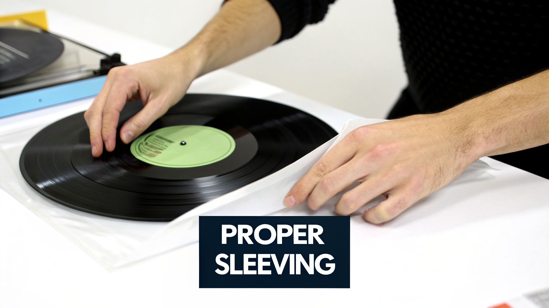A person's hands carefully placing a black vinyl record with a light green label into a protective inner sleeve.