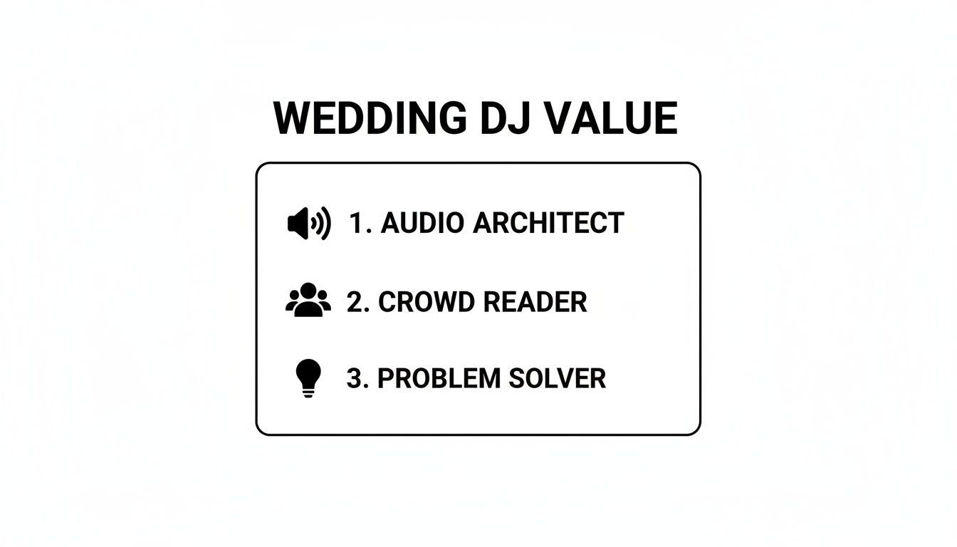 A list detailing the value of a wedding DJ: audio architect, crowd reader, and problem solver.