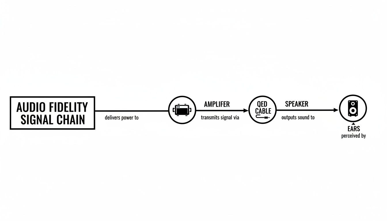Diagram illustrating the audio fidelity signal chain, showcasing the amplifier, QED cable, speaker, and ears.