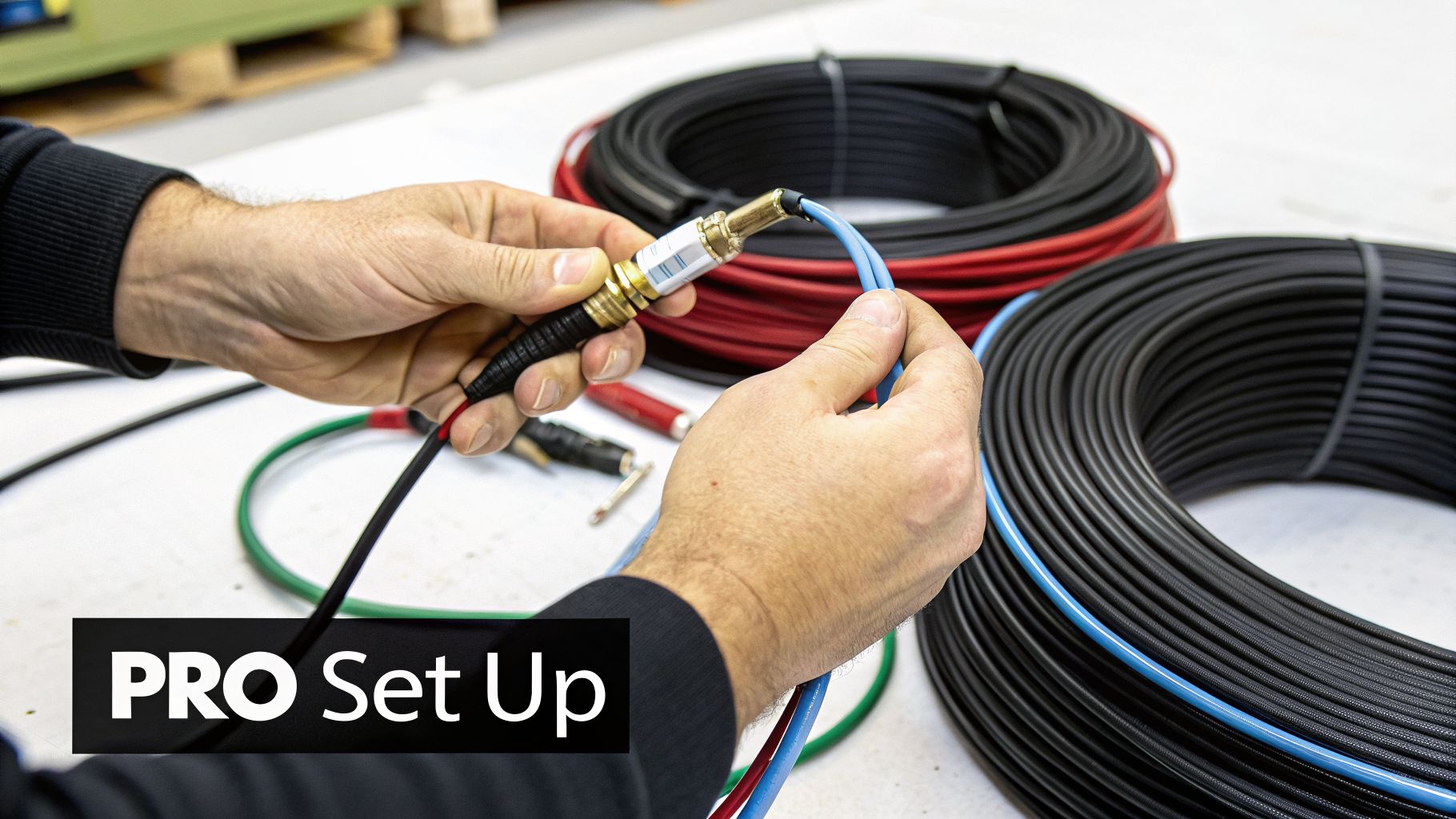 Hands assemble a speaker cable with a connector, surrounded by spools of black and red wires.