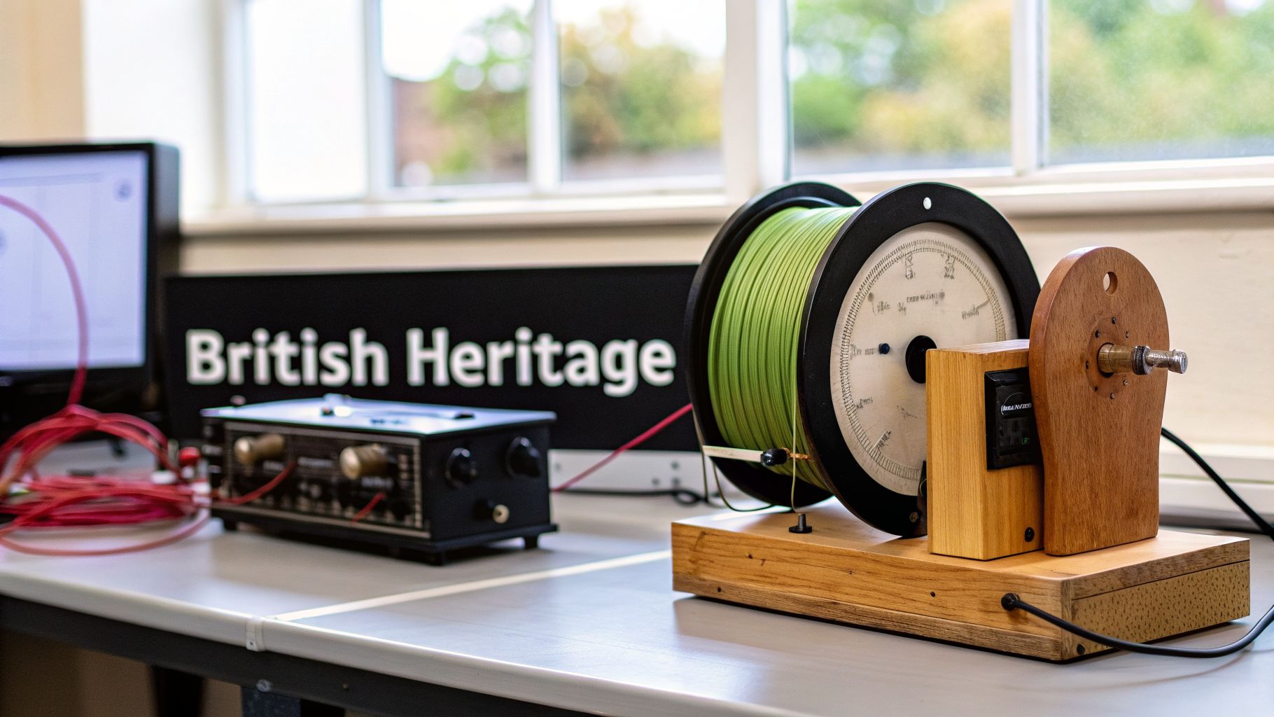 Scientific testing setup on a table featuring a spool of green cable and a meter.
