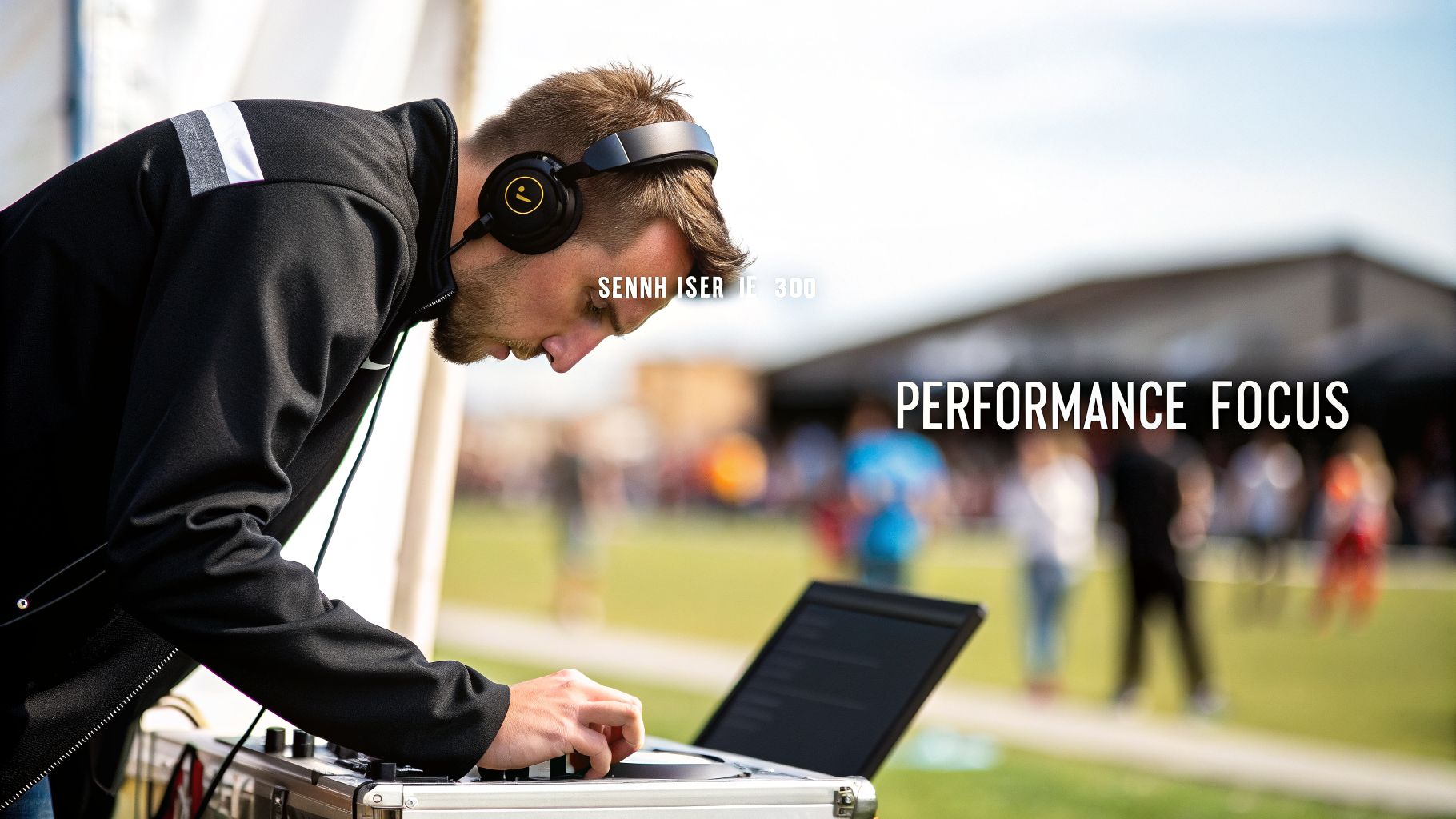 A man wearing Sennheiser IE 300 headphones operates a DJ mixer and laptop, focused on performance.