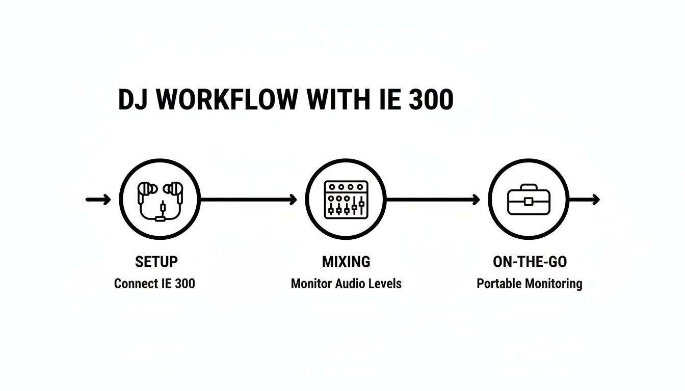 Workflow diagram showing a DJ setup, mixing, and on-the-go monitoring with IE 300 headphones.