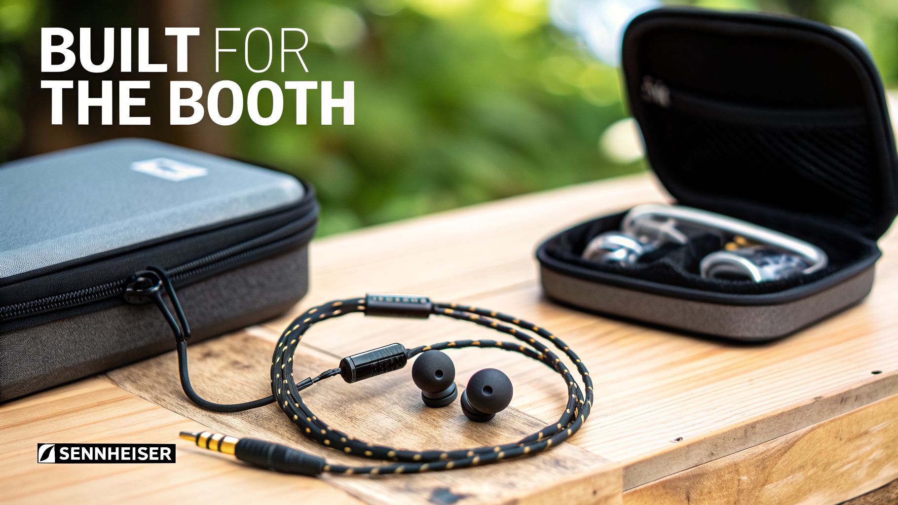 Sennheiser IE 300 in-ear monitors, coiled cable, and cases displayed on a rustic wooden table.