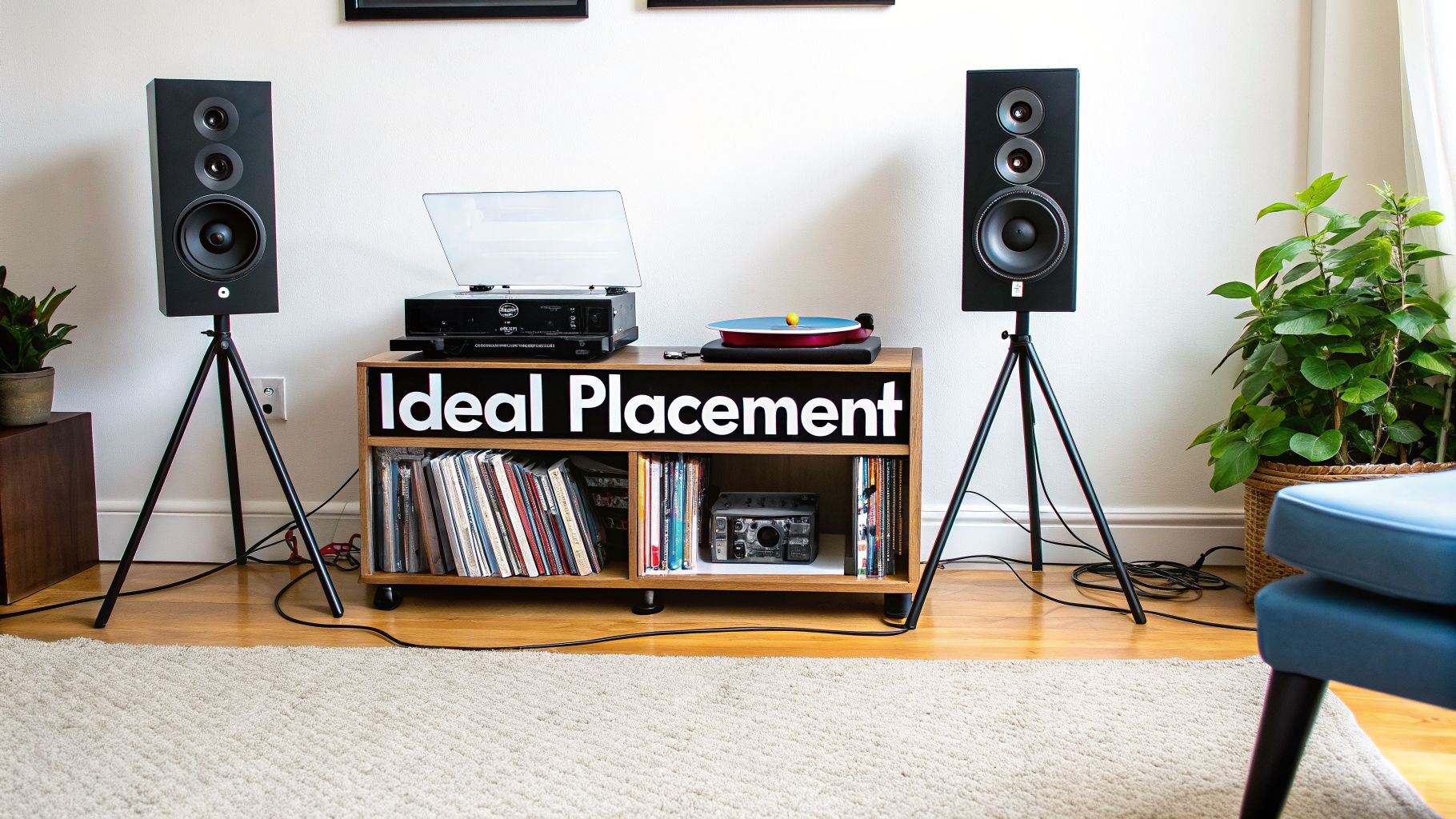 Modern black speakers, a record player, and vinyl collection on a wooden console in a bright room.