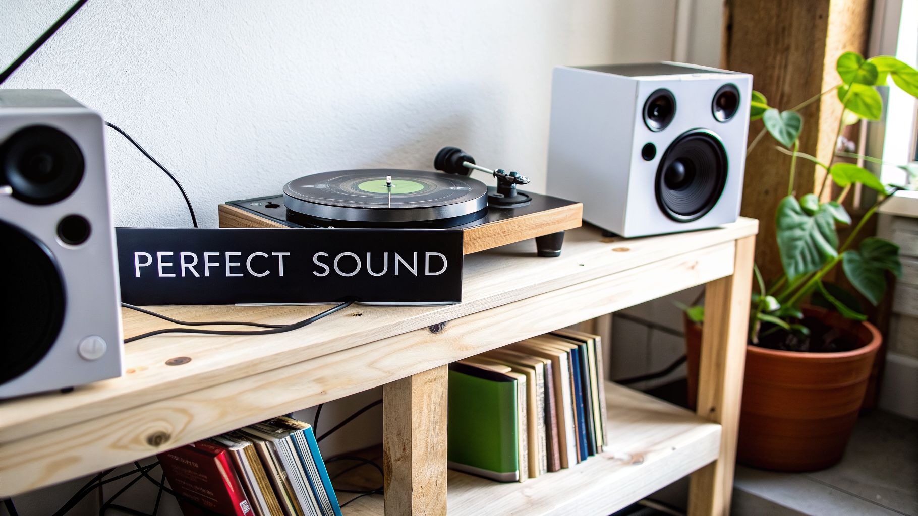 A vintage-style record player, two white speakers, and a 'Perfect Sound' sign on a light wooden shelf.
