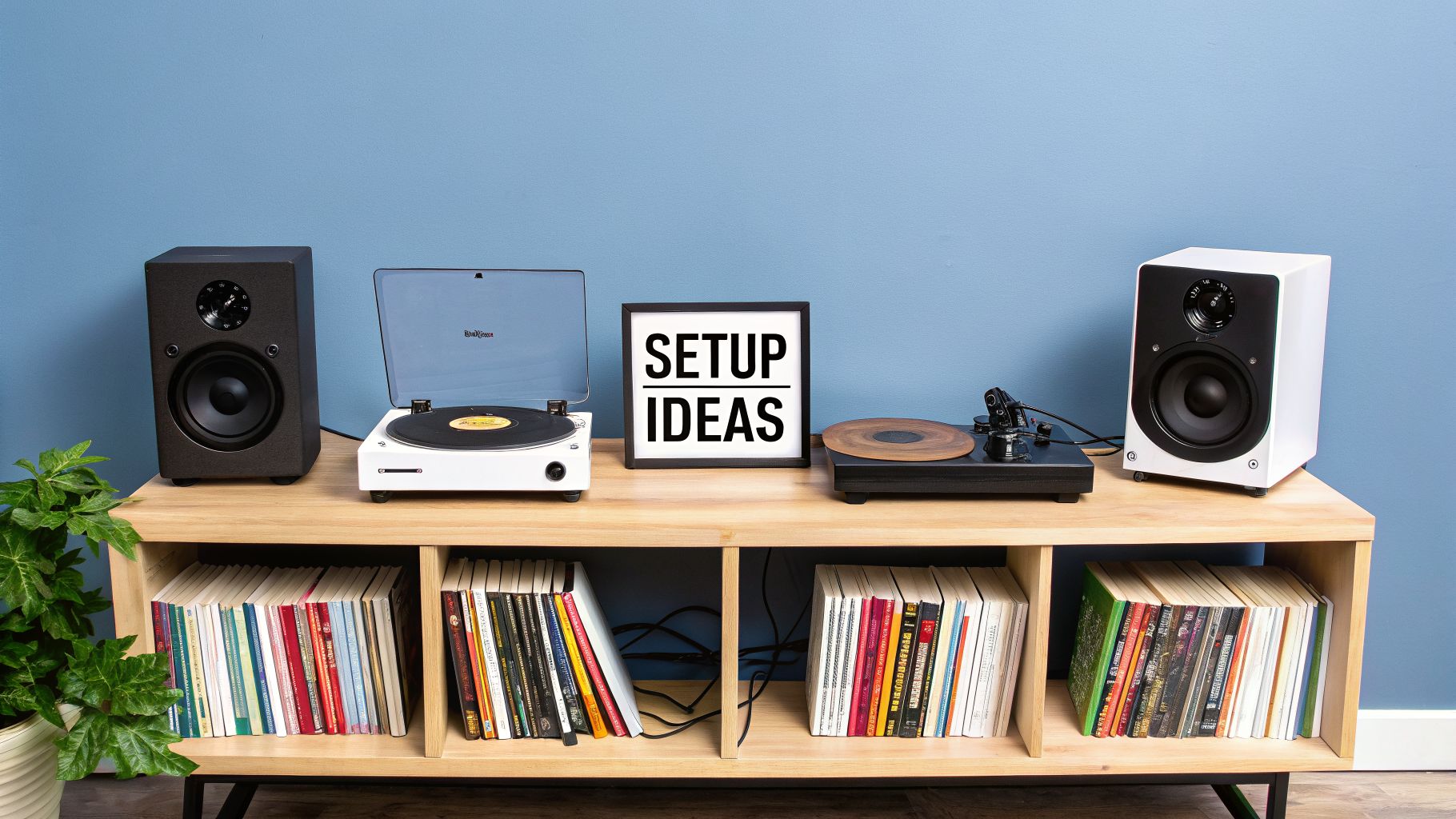 A stylish home audio setup on a wooden console, featuring two record players, two speakers, and books.