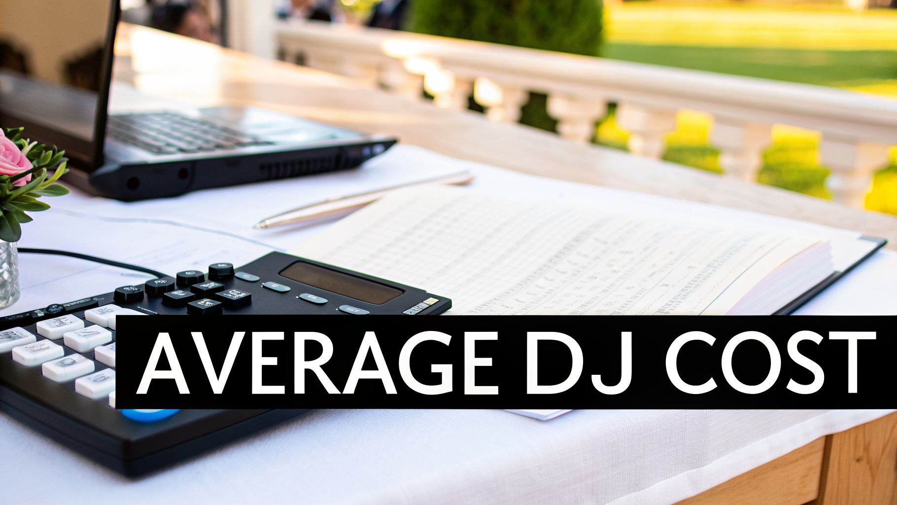 A calculator, laptop, and open notebook on a white table, suggesting event financial planning.