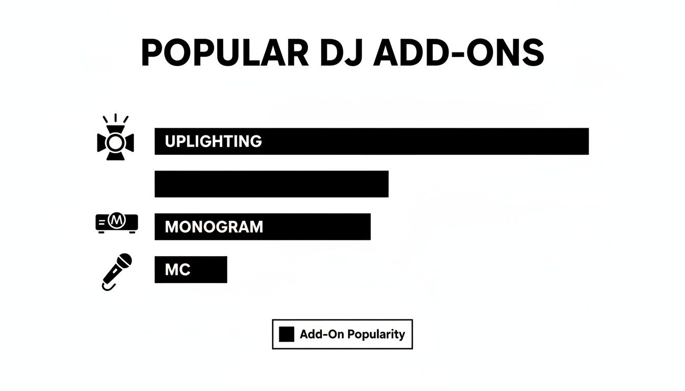 Bar chart displaying the popularity of DJ add-ons: uplighting, monogram, and MC services.