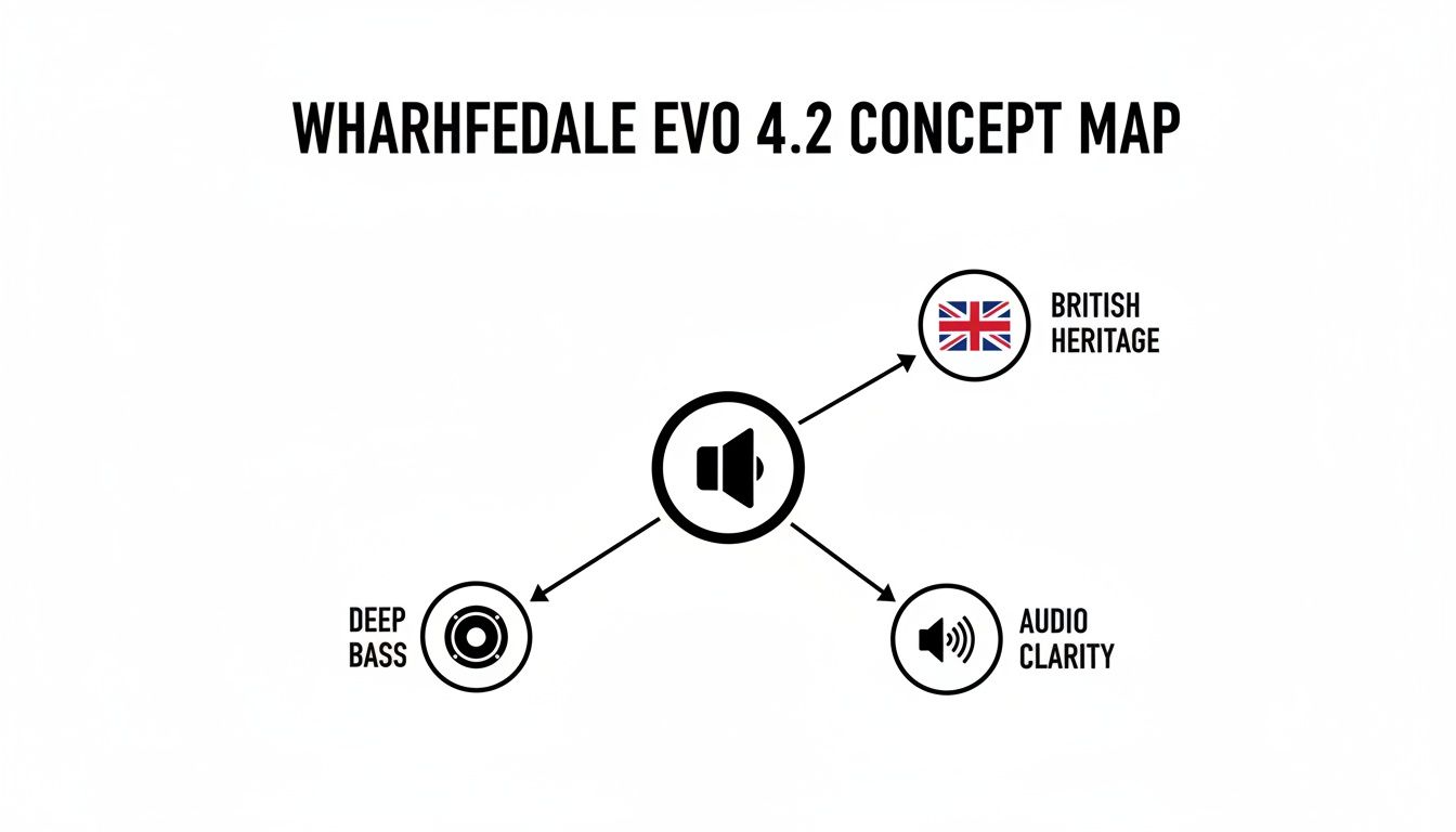 A concept map for Wharfedale EVO 4.2, highlighting deep bass, British heritage, and audio clarity.
