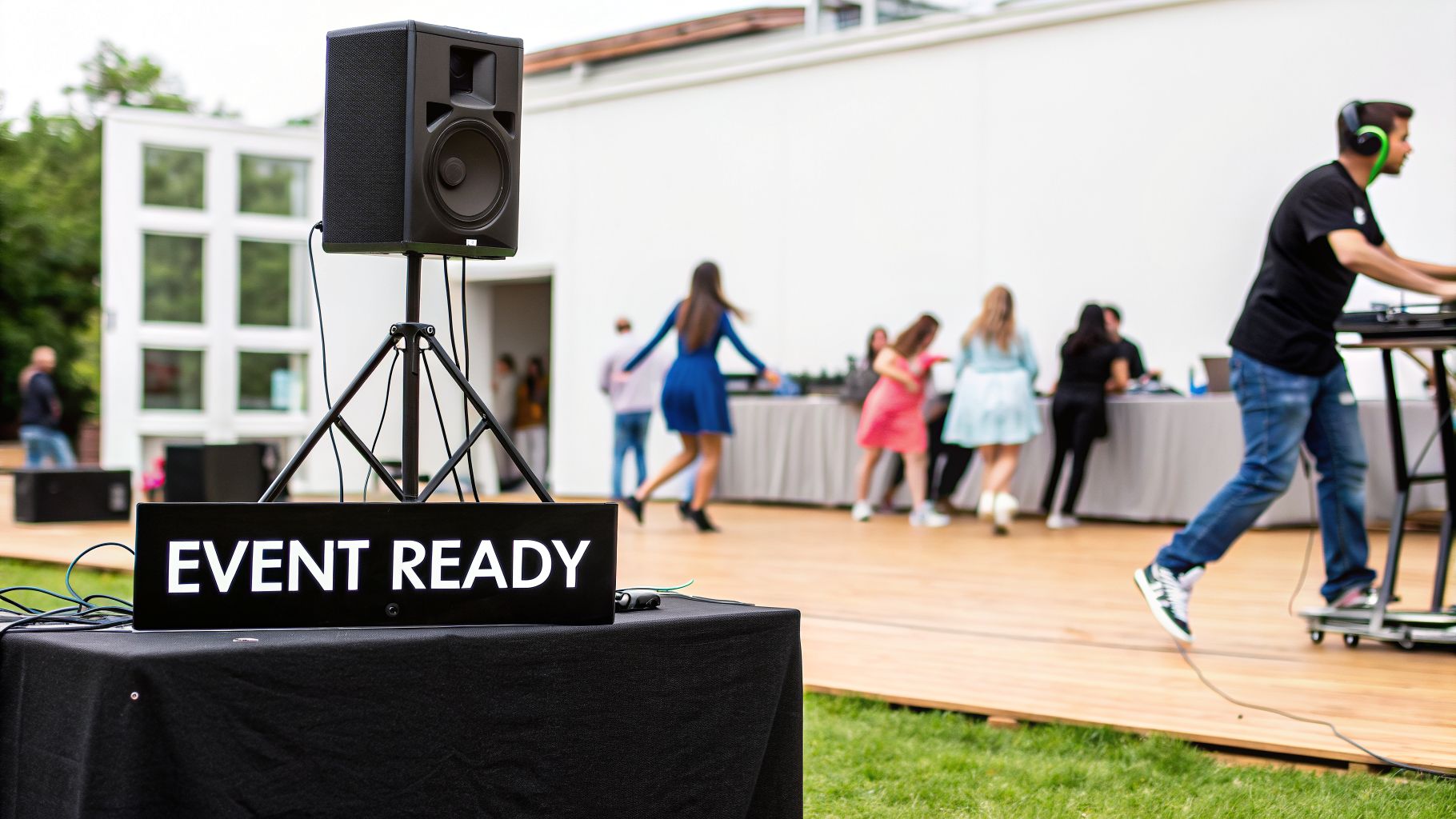 Outdoor event with a large speaker, an 'EVENT READY' sign, and a DJ playing music for dancers.