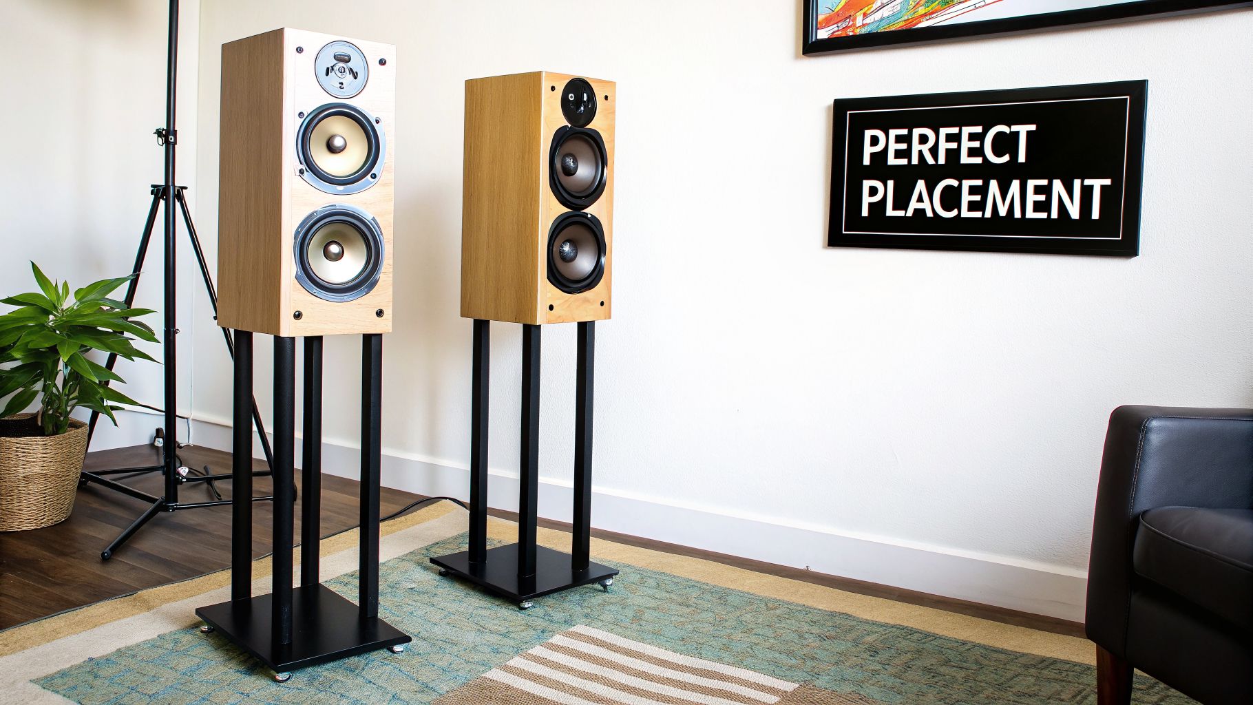 Two light wood Wharfedale EVO 4.2 speakers on stands, with a 'PERFECT PLACEMENT' sign.